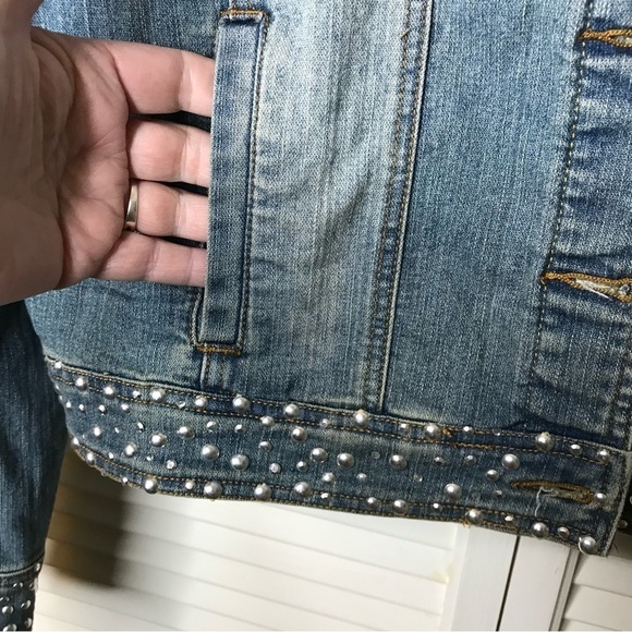 JouJou Jr Plus 2X Womens Denim Studded‎ Distressed Jacket Cropped Pockets Blue - Picture 5 of 16
